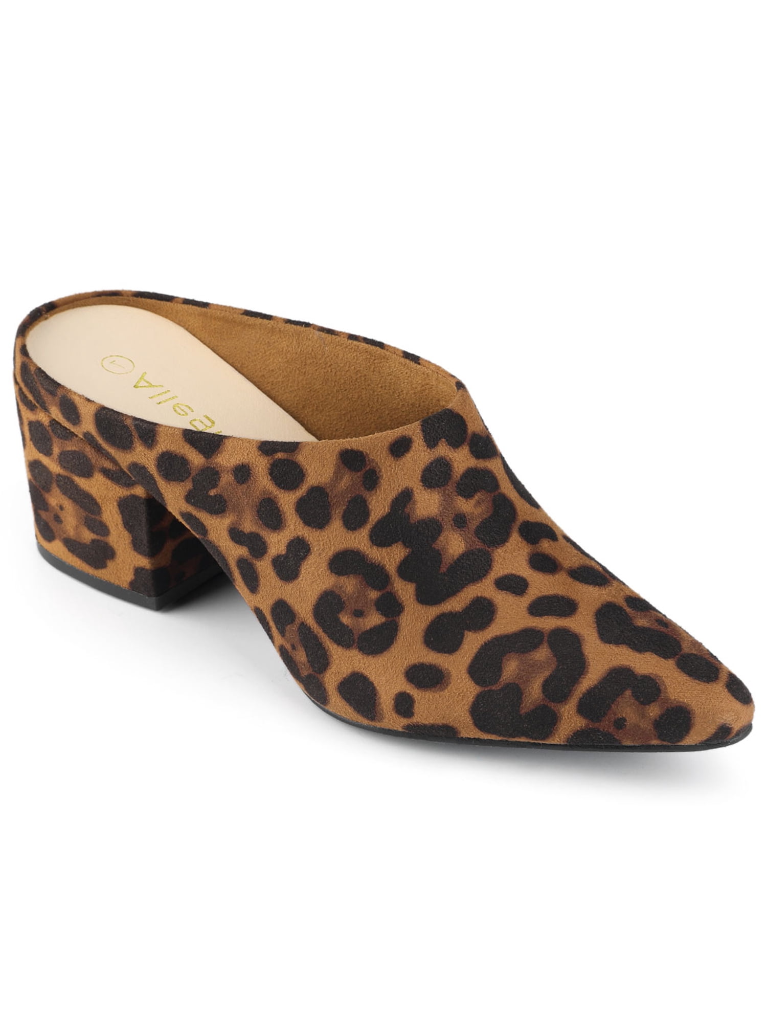 BLISSFUL STEP Sandales à Talons Hauts Blocs pour Femmes, Mules à Enfiler à Bout Pointu, Léopard 9,5