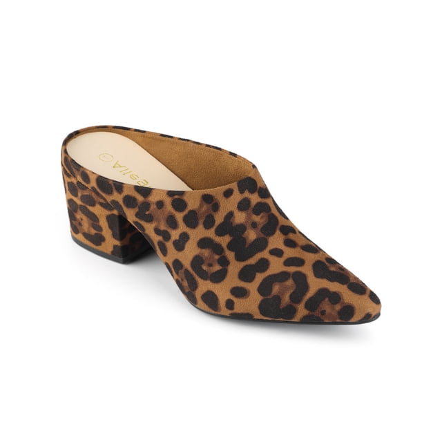 BLISSFUL STEP Women's Slides Block High Heels Slip on Pointed Toe Slide Mules Leopard 6.5