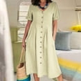thumbnail image 1 of Meichang Cotton Linen Dresses for Women Plus Size Short Sleeves Midi Dresses Solid Color V Neck Button Down Dresses Loose Fit Knee-Length Dresses Trendy Elegant Summer Dresses with Pockets, 1 of 9