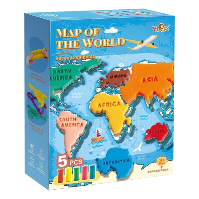 LSLJS Ensemble de Pâte Colorée pour Enfants de 3 à 4 Ans, Présentant un Thème de Carte du Monde avec des Moules de Sept continents et Cinq Couleurs de Pâte Vibrantes. l'Emballage Affiche une Carte du Monde avec des continents Étiquetés et des Morceaux de Pâte Colorés. Conçu pour Que les Tout-Petits Apprennent la Géographie Grâce à un Jeu Créatif, Cet Ensemble de 14 Pcs Comprend des Matériaux Non Toxiques et des Moules à Bords Lisses pour une Utilisation Sécuritaire. Idéal pour les Activités Préscolaires, les Anniversaires et les Cadeaux des Fêtes.