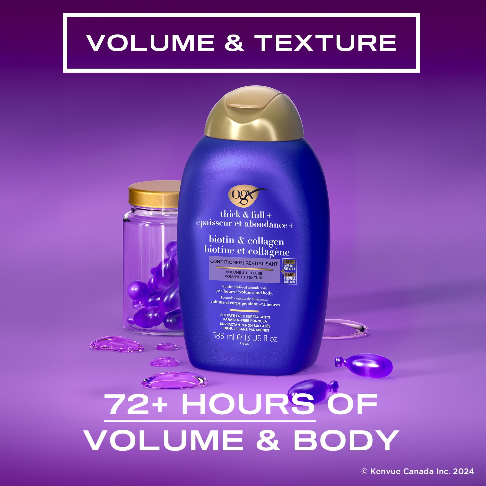 OGX Thick & Full + Biotin & Collagen Volumizing Conditioner, Nutrient-Infused Conditioner with Vitamin B7 Biotin Gives Hair Volume & Body for 72+ Hours, Sulfate-Free Surfactants
