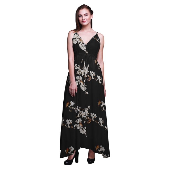 Bimba Bird Ladies Printed Resort Maxi DrawstringDressSpaghetti Strap Beach Wear-Large