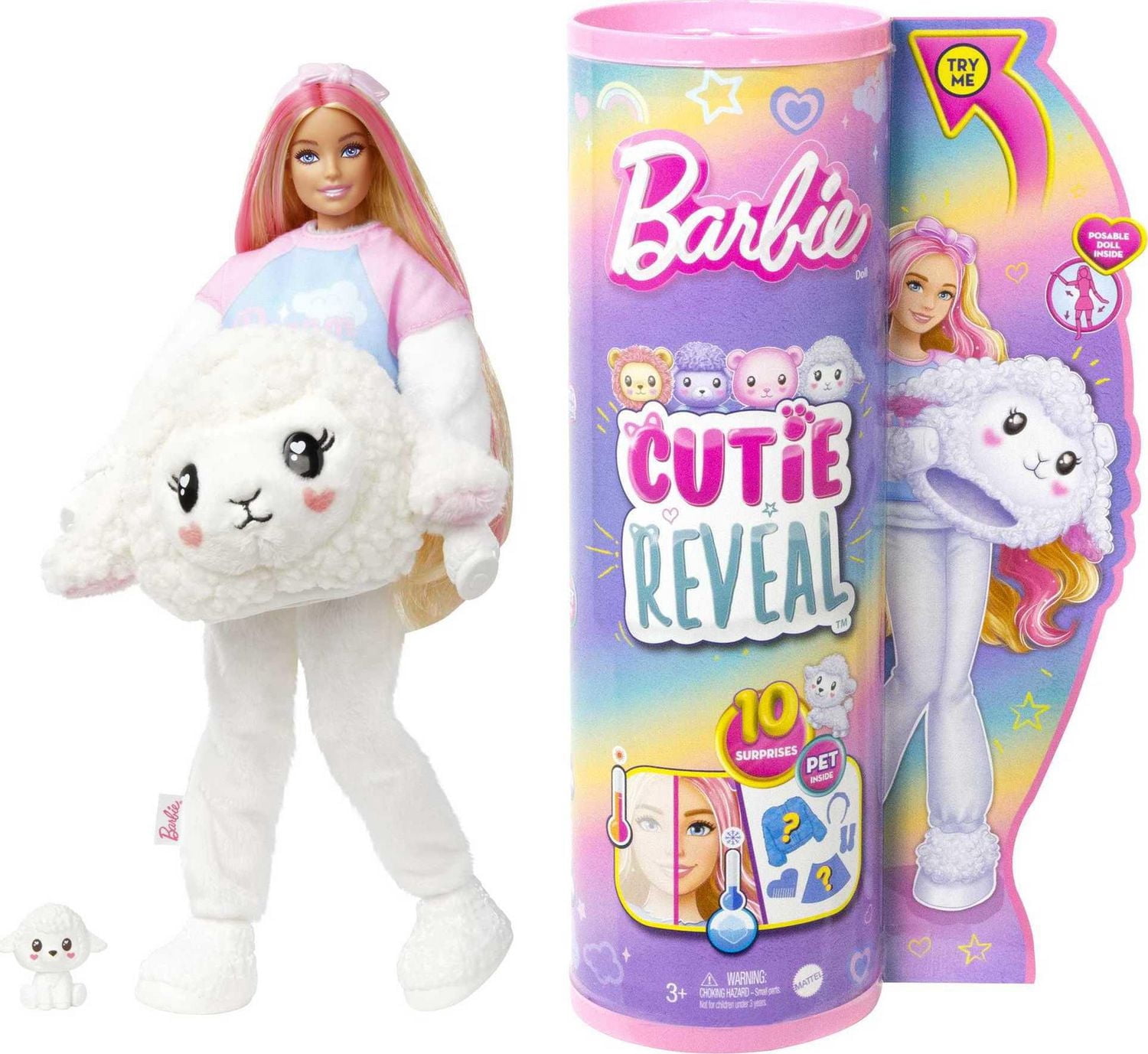 Barbie Cutie Reveal Cozy Cute Tees Doll & Accessories, Lamb in “Dream” T-shirt, Pink-Streaked Blond Hair & Blue Eyes