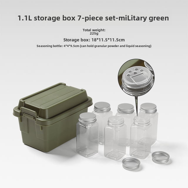 7-Piece Durable 1.1L Army Green Storage Organizer Set: Portable Mini Containers with Removable Lids for Camping, BBQ Tools, Seasoning Bottles & Home - Compact Indoor/Outdoor DeskSolution