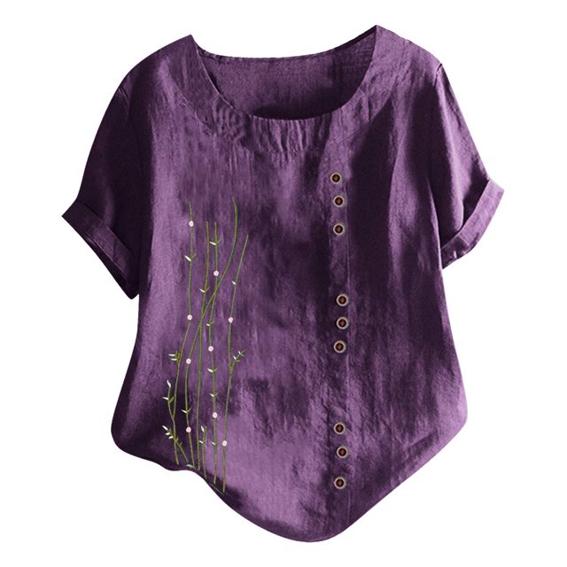 Birdeem Femmes Manches Courtes Décontracté Col Rond Imprimé Ample Bouton Tunique Chemise Blouse Hauts