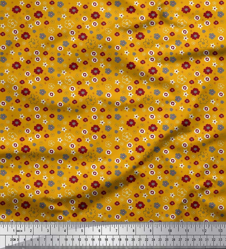 Soimoi Gold Moss Georgette Fabric Flower Artistic Print Fabric by the Yard 42 Inch Wide