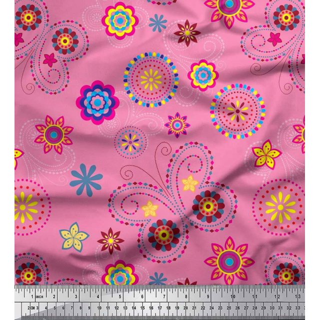 Soimoi Pink Poly Georgette Fabric Insect & Floral Clip Art Print Fabric by The Yard 52 Inch Wide