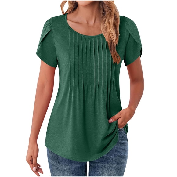 yoeyez Hauts d'Été pour Femmes Décontractés T-Shirts à Manches Courtes Pétale Col Rond Blouse Plissée 2025 Tendance Fluide Ourlet Arrondi Tuniques pour Leggings Vert TTG