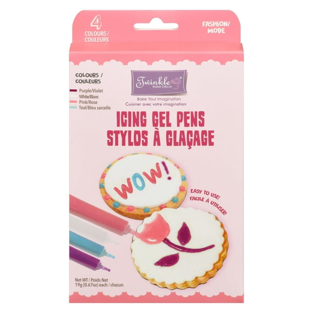 Twinkle Fashion Icing Gel Kits with four pastel gel pens in purple, white, pink, and teal on a pink box featuring decorated cookies with colorful icing, ideal for frosting and dessert decoration, and suitable for creative baking projects.