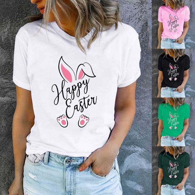 Économies de Printemps! CEHVOM Hauts de Pâques pour Femmes Grande Taille, T-Shirt à Col Rond Imprimé Lapin Mignon, Chemise Graphique Confortable à Manches Courtes pour Femmes