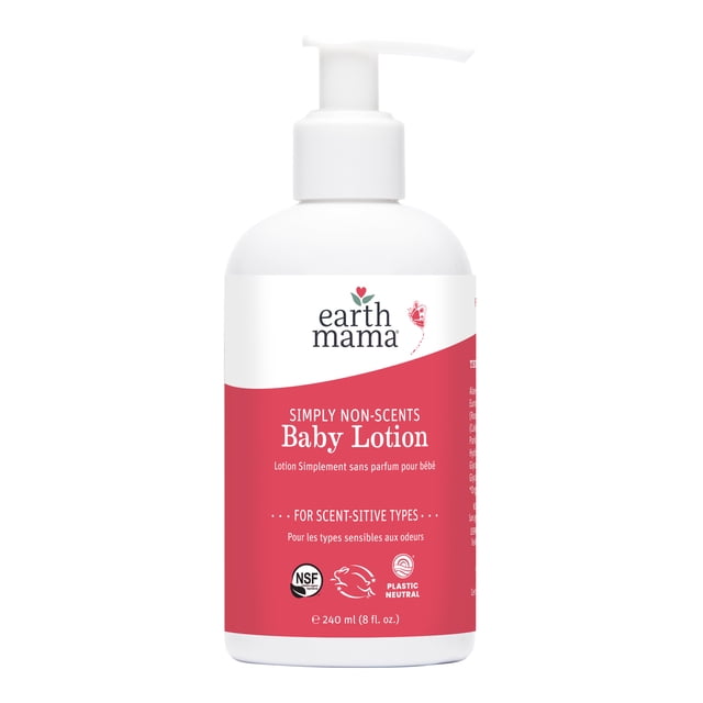 Earth Mama Simply Non-Scents Lotion pour Bébé 240 ml en Bouteille à Pompe Blanche avec Étiquette Rouge, Formulée pour la Peau Sensible aux Parfums avec calendula Biologique et rooibos, Certifiée par la National Eczema Association, Idéale pour Hydrater et Apaiser la Peau Délicate des Bébés.