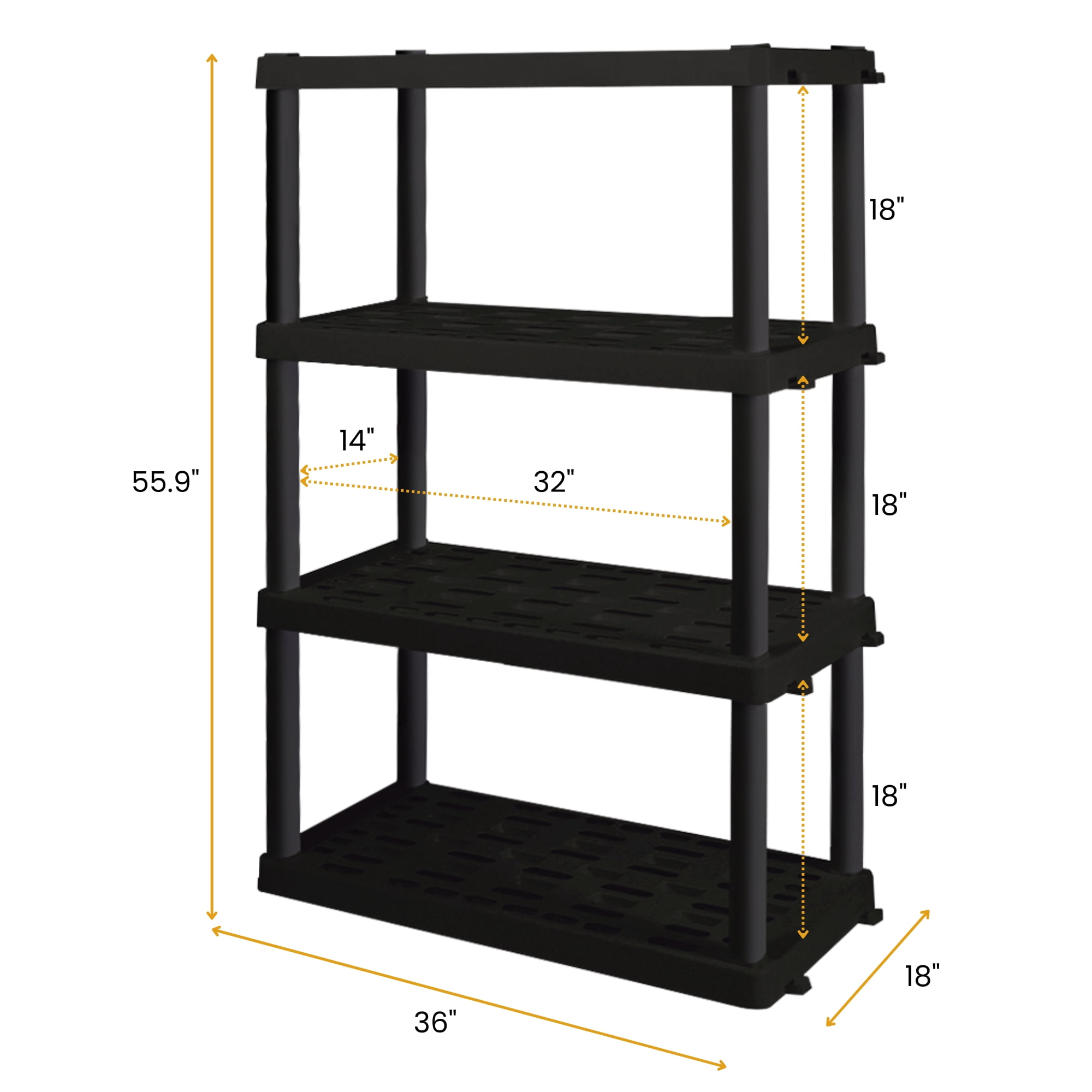 Hyper Tough Plastic Shelves Garage Shelf Basement Storage 4-Tier W36 x D18 x H56" Black Total Capacity 600 lb