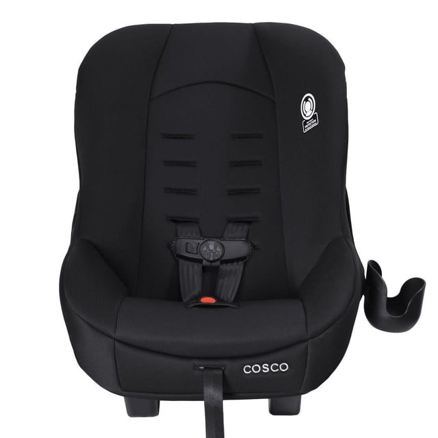 Cosco Kids Scenera Next Convertible Car Seat in black with five-point harness and front adjust buckle, deep side wings for side impact protection, and detachable right-side cup holder, suitable for rear facing 5-40 lbs and forward facing 22-40 lbs children.