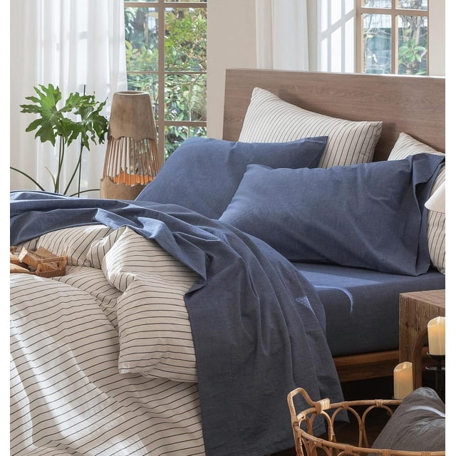 Bedding Sheet Set Washed Cotton Linen Like Textu Breathable Durable Soft Comfy (Dark Orange Queen)