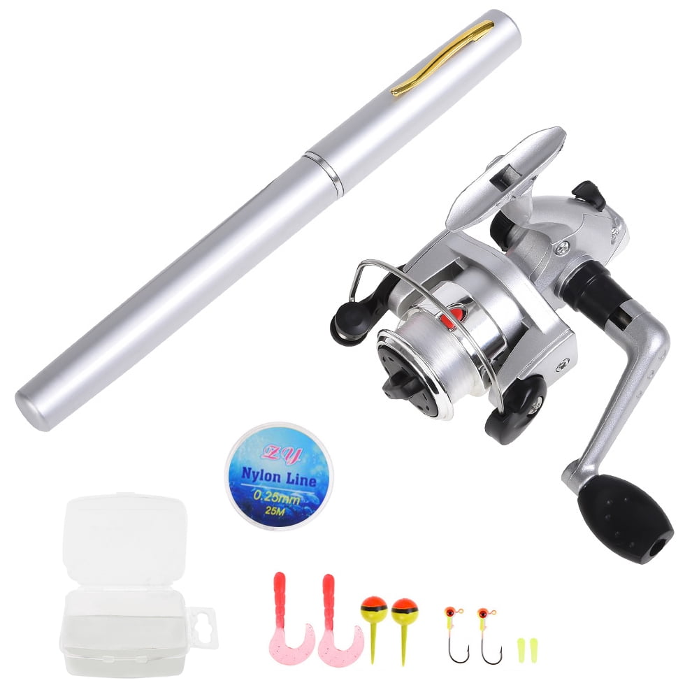 Pen-shaped fishing rod and reel combo set, mini telescopic pocket fishing rod, spinning reel, fishing line, soft bait, fish lure, lead head hook