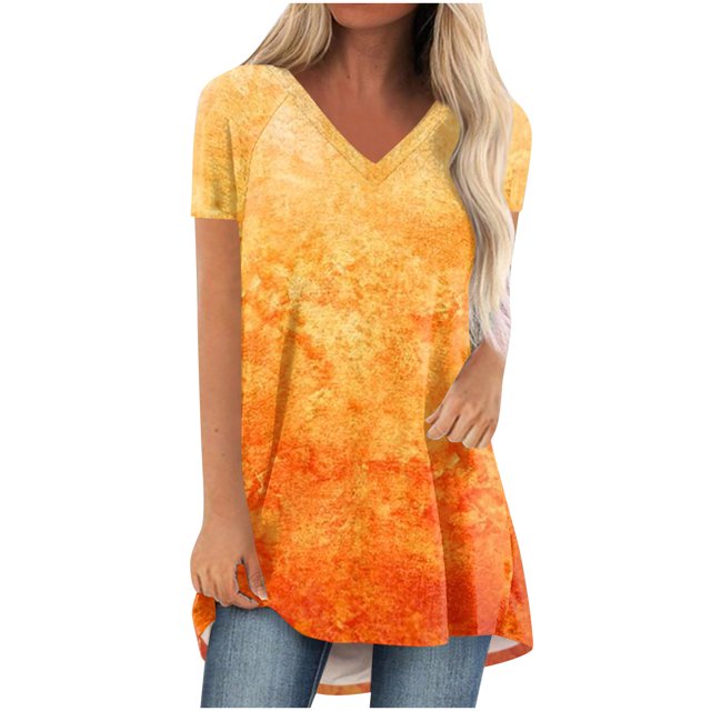 Birdeem Blouse à Imprimé Dégradé pour Femmes, Col en V, Manches Courtes, T-Shirt Ample, Hauts