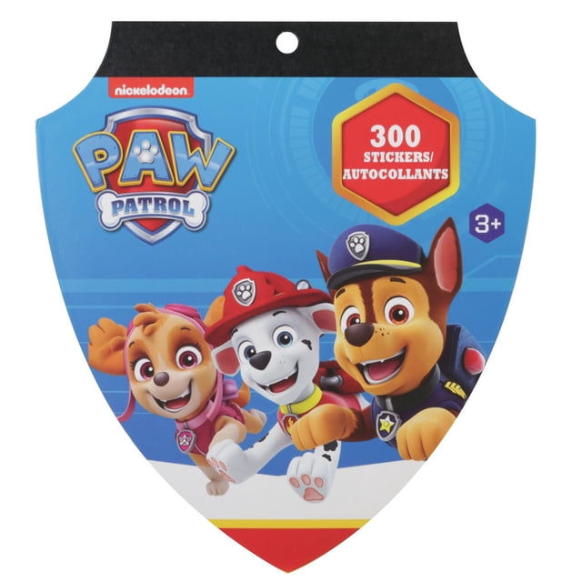 300CT Paw Patrols Jumbo Diecut Sticker Book with a shield-shaped blue cover featuring Paw Patrol characters Chase, Marshall, and Skye, containing 300 stickers on 8 sheets, suitable for ages 3 and up, ideal for scrapbooking and group activities.