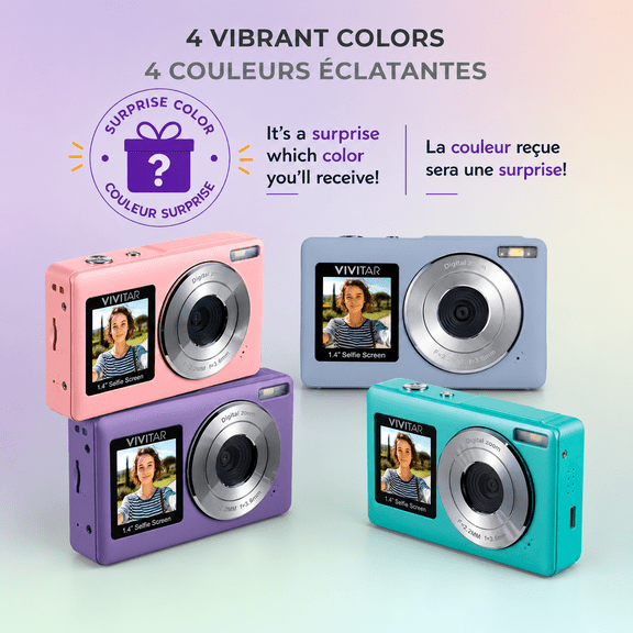 Vivitar PopSnap Duo 56MP Digital Camera with Dual Screens, 2.7K Video and Rechargeable Battery - Surprise Assorted Color