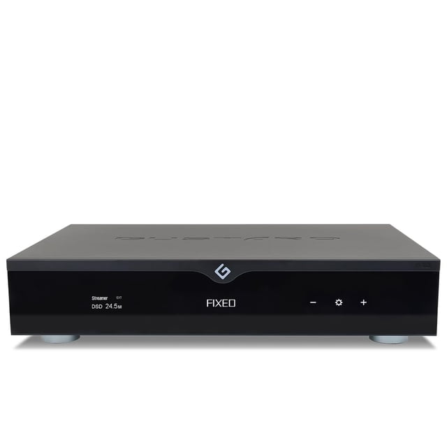 Gustard R30 Streamer Réseau R2R Entièrement Discret DAC - Vue Orientée vers l'Avant d'Un Châssis Métallique Rectangulaire Noir avec un Affichage Centré, un Bouton de Codeur Rotatif Côté Droit, des Fentes de ventilation Horizontales et des Indicateurs d'Entrée du Panneau avant; Met en Valeur l'Architecture Discrète R2R ladder et un Véritable Décodage DSD 1 Bit du Titre du Produit, la Marque KGUSS sur le fascia Inférieur, Présentée sur une surface Gris Neutre avec Éclairage Latéral Doux. Son