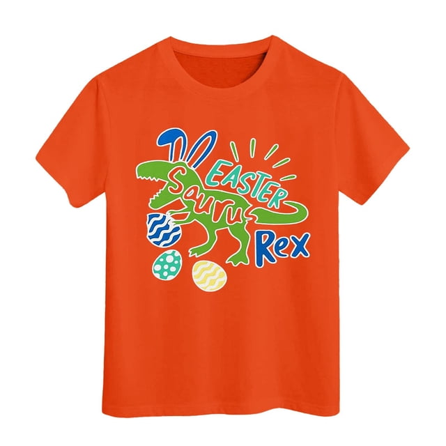 PMVFHDE Tenue de Pâques pour Filles T-Shirt Graphique de Pâques / Imprimé Lapin & Œuf Manches Courtes Col Rond / Tee-Shirt en Coton Doux pour Tout-Petit / Tenue Décontractée Printemps Été Orange, 4-5 Ans