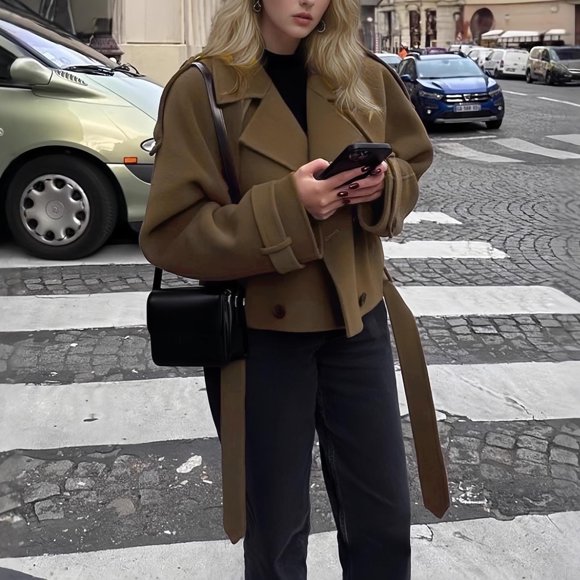 Birdeem Women's Raglan Sleeve Short Trench Coat with Pockets, Solid Color Belted Retro Jacket, Long Sleeve Casual Polyester Outerwear for Daily Fashion