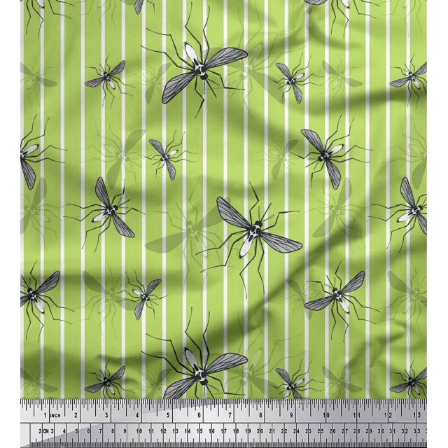 Soimoi Green Silk Fabric Stripe & Mosquito Insects Fabric Prints By Yard 42 Inch Wide