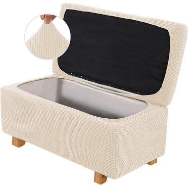 Housse Extensible pour Pouf de Rangement en 2 Pcs, Housse Rectangulaire pour Pouf avec Couvercle de Rangement, Housse pour Repose-Pieds et Banc Antidérapante, Protège-Meubles pour Repose-Pieds (Beige, Grand)