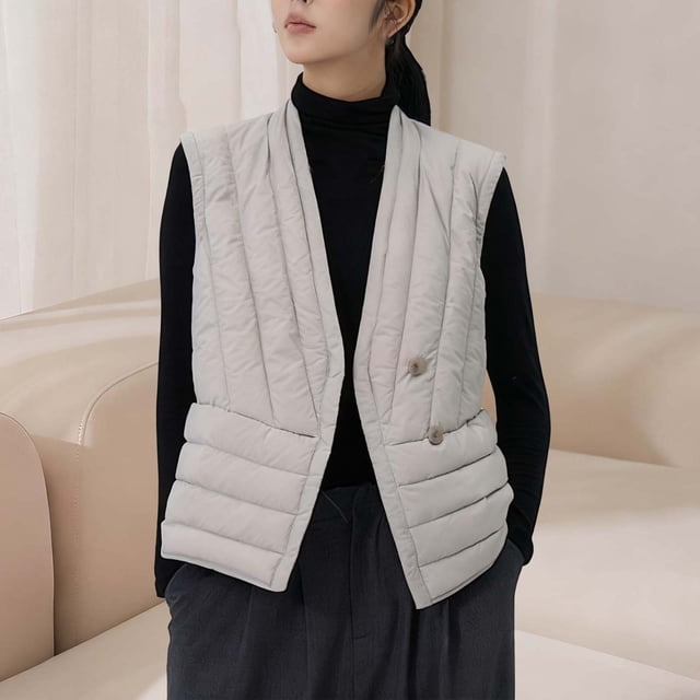Mceream Sleeveless V Neck Puffer Jacket For Women Lightweight Buttons Striped Texture Packable Vest Plus Size Outwear Sudaderas Con Capucha Para Mujer Gray M