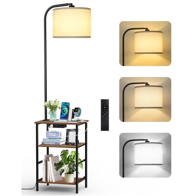 OUTONLIFE Floor Lamp with Table, Remote & 2 Drawers, Side Table with Charging Station, Dimmable Nightstand with 3 Color Temperatu