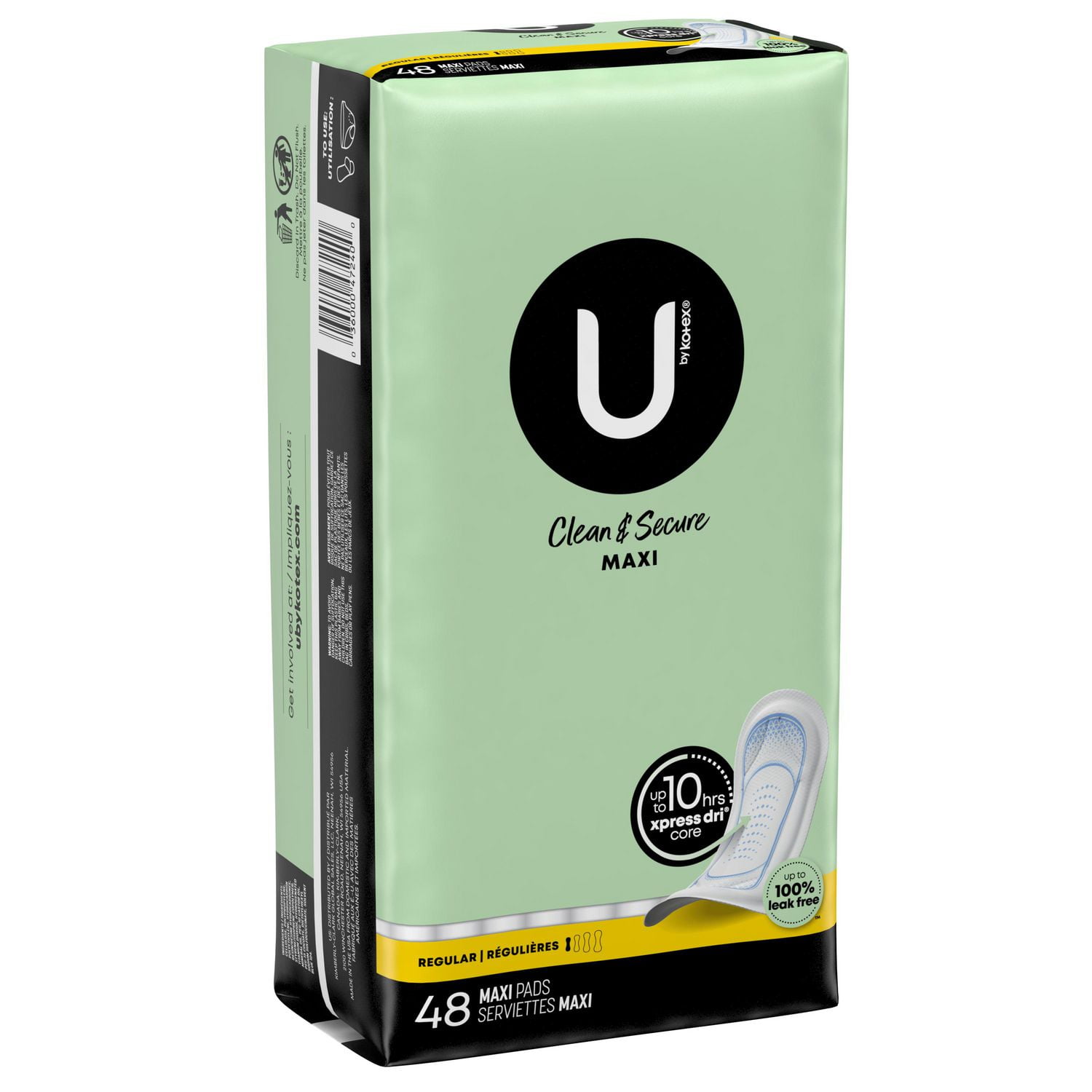 U by Kotex Clean & Secure Serviettes Maxi, Absorption Régulière