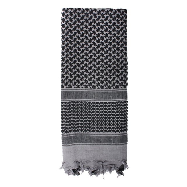 Rothco Shemagh Tactical Desert Scarf in grey, made from 100% cotton, measuring 42 x 42 inches. The scarf features a traditional woven pattern with black and grey accents and fringed edges. Designed to protect the head and neck from sun and sand, it is widely used by military personnel and also serves as a versatile fashion accessory or survival tool.