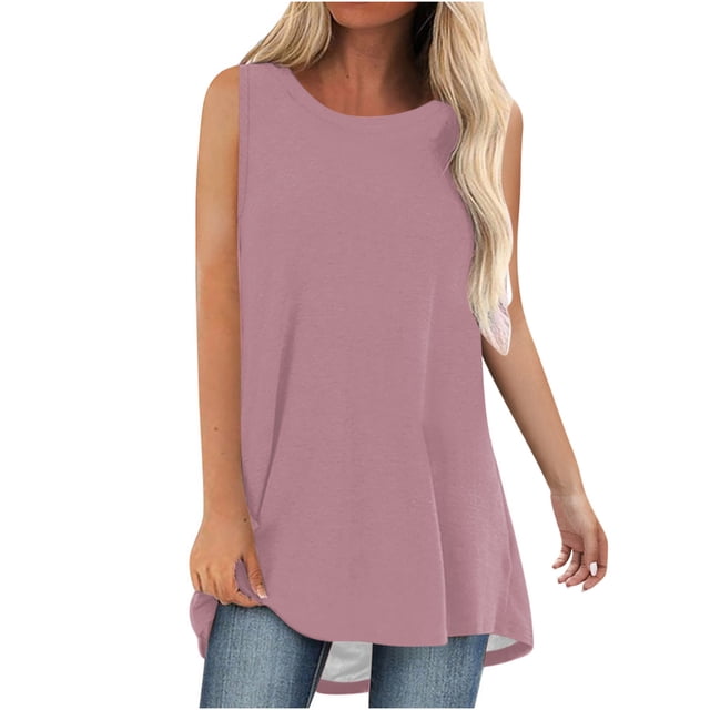Timegard Débardeurs Longs pour Femmes Col Rond Sans Manches Couleur Unie Décontracté Ample Haut T-Shirts Basiques Blouse