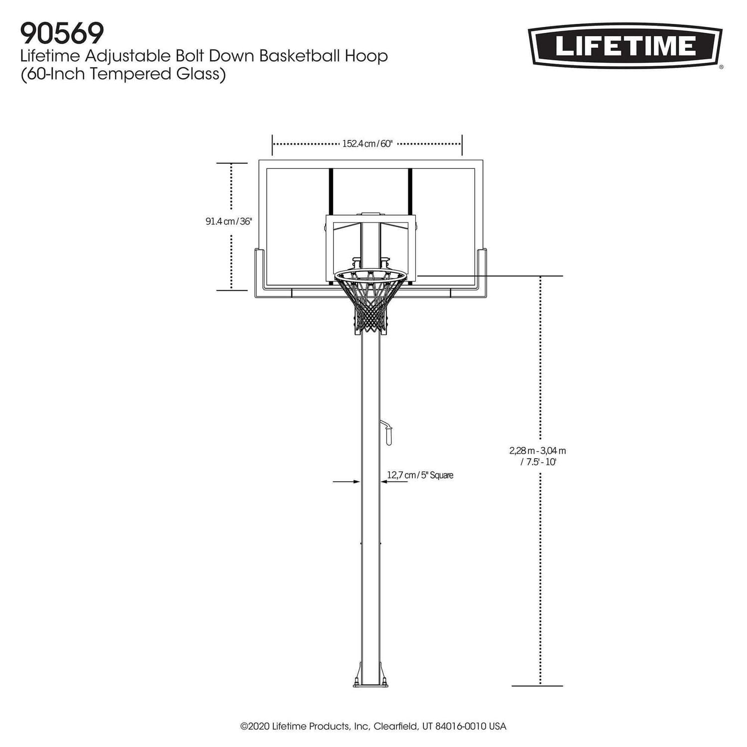 Panier de basket-ball boulonné réglable à vie (verre trempé de 60 pouces)