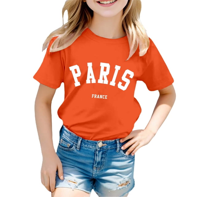 Chemises de Sport pour Filles 4t Chemise Garçon et Fille Mode Décontractée Imprimé Col Rond Manches Courtes T-Shirt Haut