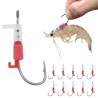 Hameçons Lumineux pour Crevettes Vivantes pour la Pêche en Eau Salée, Hameçon Marchette en Acier au Carbone avec Ardillons, Conception Sans Perçage pour Appâts Vifs, Idéal pour Achigan, Carpe et Poisson-Chat, Tranchant comme un Rasoir, (Lot de 10, Rouge)
