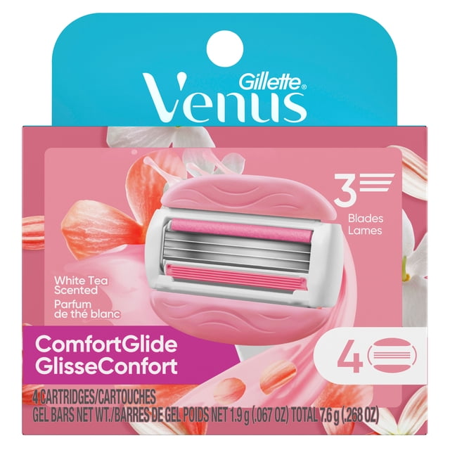 Venus Glisseconfort Thé Blanc Lames de Rasoir pour Femmes, avec Barres de Gel à Raser Intégrées, 4 Recharges de Lames