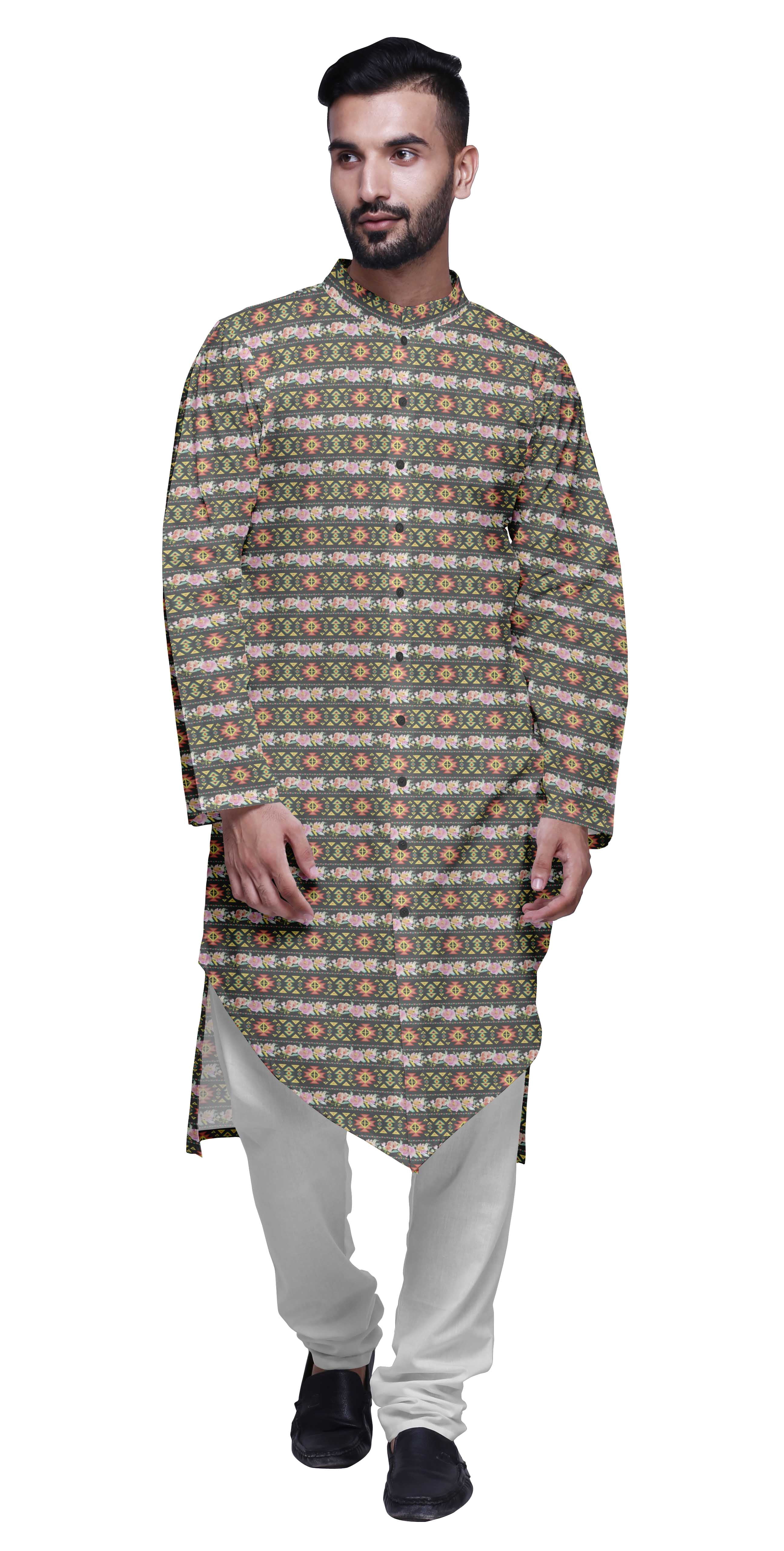 Atasi Printed Long Sleeve Kurta With Pajama Set For Men Summer Clothing