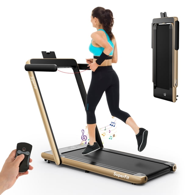 Gymax Motorisé Treadmill Pliant sous le Bureau Électrique Treadmill en Jaune, Conçu pour la Mise en Forme à la Maison. Comprend un Moteur de 2,25 Hp, une Ceinture de Course à 5 Couches Absorbant les Chocs et un Écran LED pour le Suivi du Temps, de la Vitesse, de la distance et des calories. Comprend une Télécommande, un Haut-Parleur Bluetooth et un Support pour Téléphone. Conception Compacte Se Replie pour le Rangement sous les Meubles. Convient à la Marche et à la Course avec des Vitesses de 0,6 à 7,5 Mi/h.