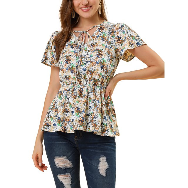 INSPIRE CHIC Haut Péplum pour Femme à Imprimé Floral, Manches Courtes, Taille Haute, Col à Nouer