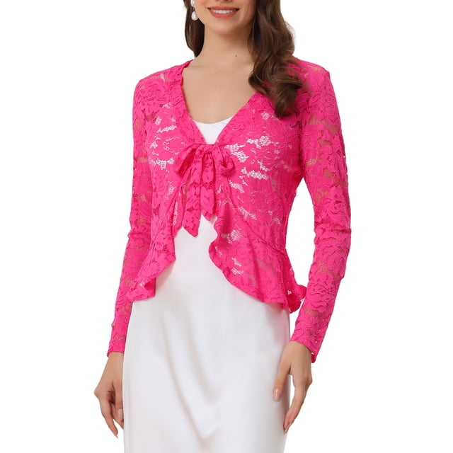 INSPIRE CHIC Women's Floral Lace Cardigans Tie Front Ruffled Hem Sheer Crop Bolero Shrug XS Hot Pink