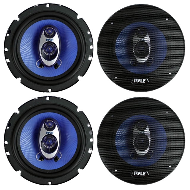 Pyle PL63BL 6.5-inch 720 Watt 3-Way Car Audio Coaxial Speakers in blue, featuring a blue poly injection cone, non-fatiguing butyl rubber surround, and 1-inch high-temperature ASV voice coil. Includes grills, wires, and mounting hardware. Shown in a set of four with two speakers uncovered and two with protective grills.