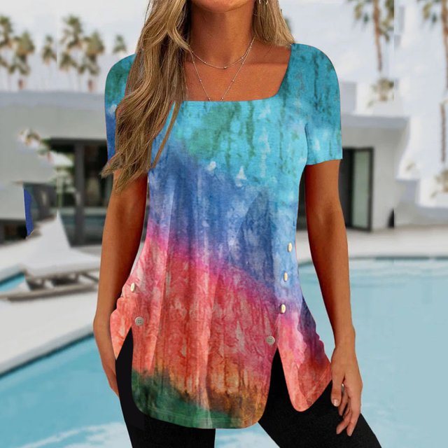 LSLJS T-Shirts pour Femmes Mode T-Shirts Décontractés pour Femmes Imprimés Col Carré Manches Courtes Boutons Hauts Blouses Amples
