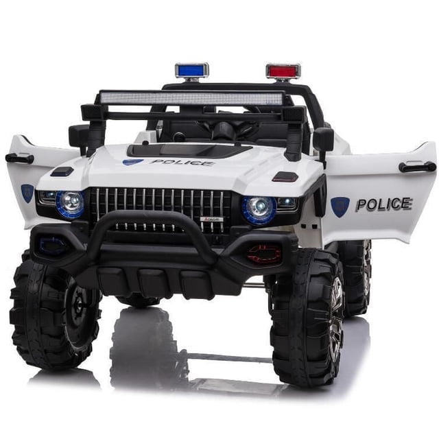 Aosom Kids 12V RC 2-Seater Ride-On Police Truck Electric Ride On Car Toy in white, front-facing with open lockable doors, featuring full LED headlights, red and blue police roof lights, rugged off-road tires, black grille guard, side mirrors, and police decals on doors and hood, suitable for outdoor imaginative play.