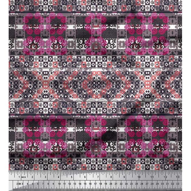 Soimoi Velvet Fabric Check & Damask Ethnic Printed Fabric 1 Yard 58 Inch Wide