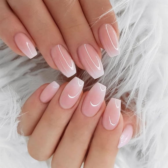 Press on Nails Short Coffin Nails Cute Light Pink French Fake Nails Pink Gradient Semi-Transparent Glue on Nails Acrylic Nails Press ons for Women and Girls 24 Pcs