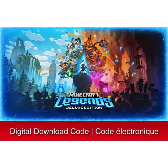 Minecraft Legends Deluxe Edition - Nintendo Switch digital download code cover art showing a split scene with the blue Overworld on the left featuring blocky trees, mountains, and characters, and the fiery Nether on the right with lava, glowing mobs, and dark structures, with the game title centered at the bottom, ideal for Nintendo Switch downloads and digital game code redemption.