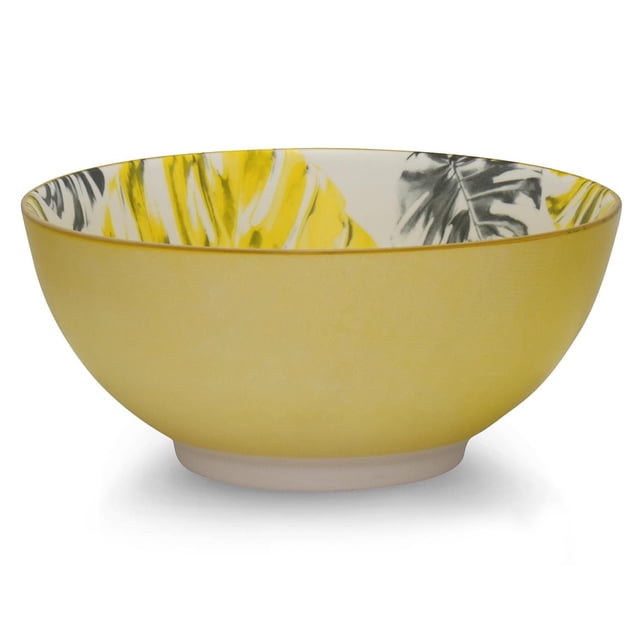 Botanical Bowl 10 cm Set of 4 with a matte yellow gradient exterior and vibrant tropical leaf pattern inside, ideal for serving fruits, salads, or soup as decorative porcelain serving bowls in dining and entertaining.
