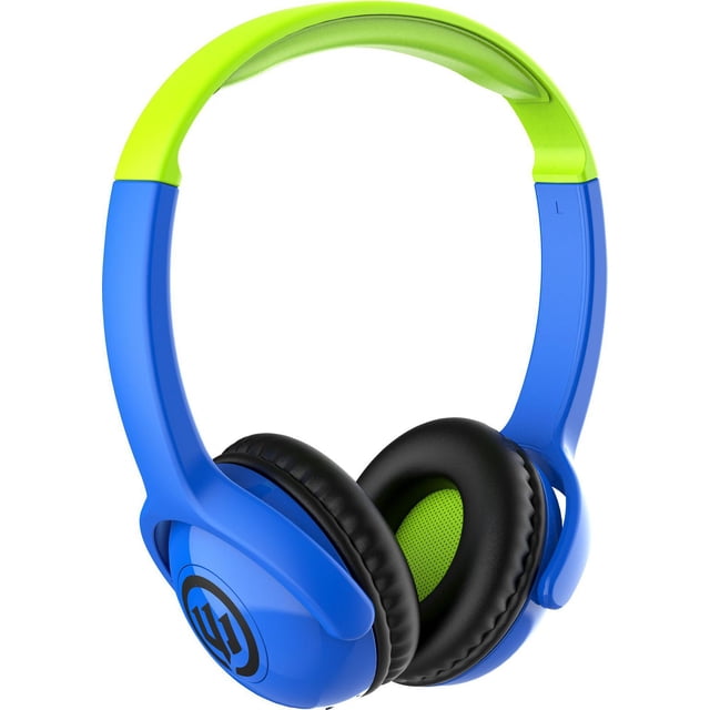Wicked Audio Écouteurs Sans Fil pour Enfants « Tricky Tike » en Bleu et Vert lime avec Coussinets d'Oreille Noirs Rembourrés et Bandeau flexible, Conçus pour les Enfants avec des Limites de volume Sécuritaires et une Autonomie de 10 Heures, Convenant aux Longs Trajets en Voiture Ou aux Jeux.