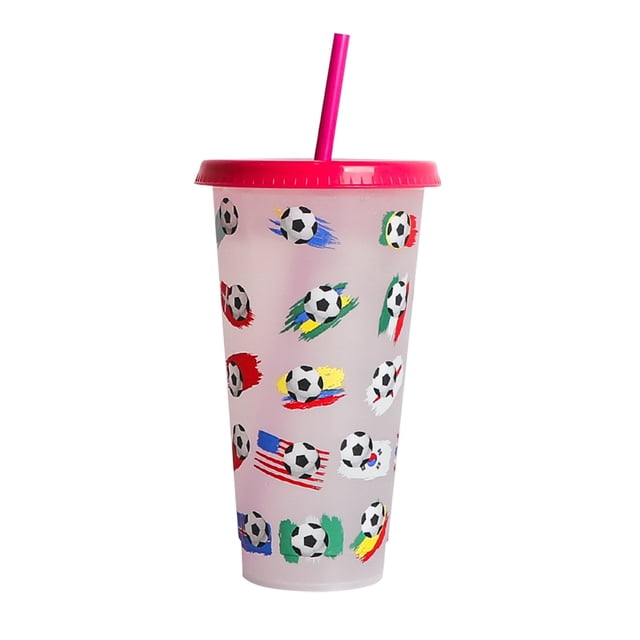 HAOMONZEN Creative Water Cup Football Cup PP Plastic Straw Cup Football Plastic Transparent Straw Cup 710ml Cold Change Temperature Sensitive Plastic Cup Warehouse Clearance