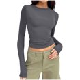 thumbnail image 2 of AherBiu Hauts pour Femmes Automne Manches Longues Col Ras du Cou Basique Superposition Hauts Courts Ajustés Serrés Extensibles T-Shirts, 2 of 5